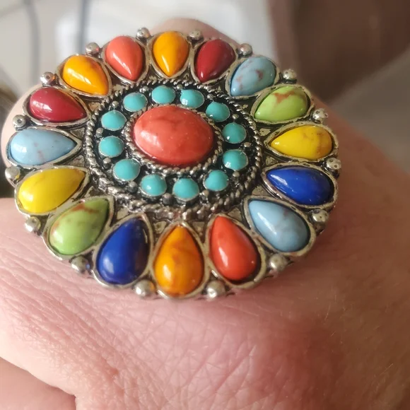 Rainbow Free Spirit Boho Hippie People Native Aztec insp beaded ring - Picture 4 of 8